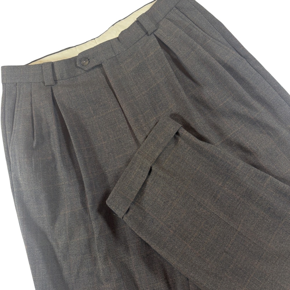 Vintage Pleated Trousers‎ Men 34x30 Brown Glen Plaid Worsted Wool Made In USA